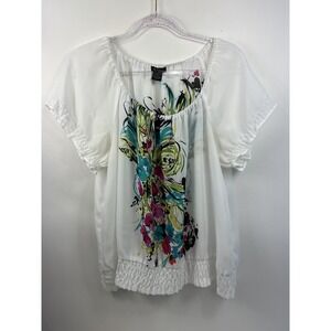 Nue Options Womens XL White Sheer Short Sleeve Top Peasant Blouse Flowers